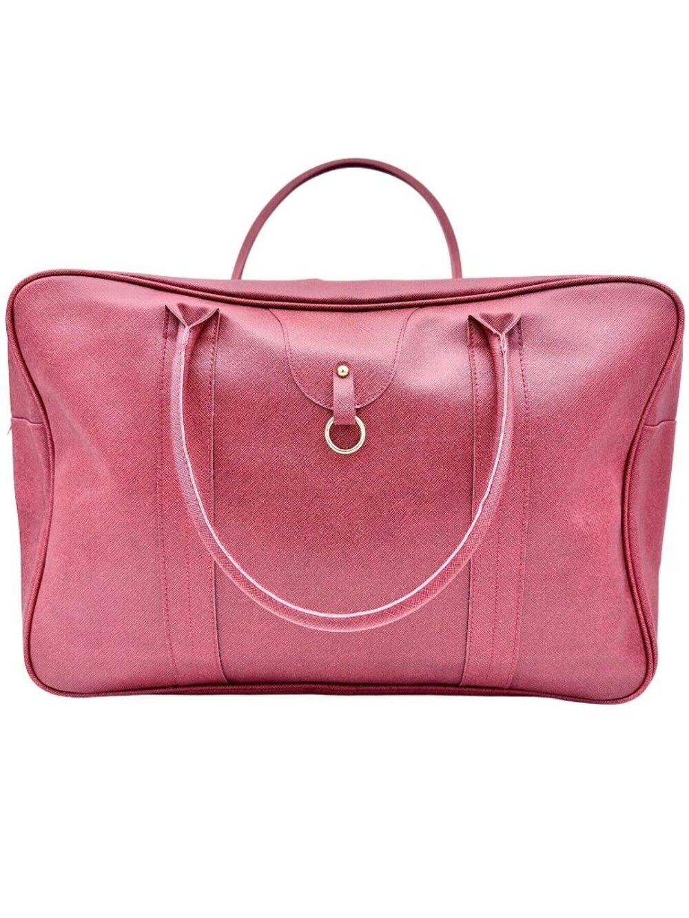 Large Red Textured Leather Travel Bag With Dual Handles & Gold Hardware